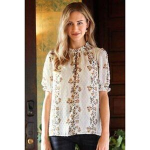 NWT Matilda Jane Floral Belcourt Blouse White Blouse With Ruffle Neckline & Puff